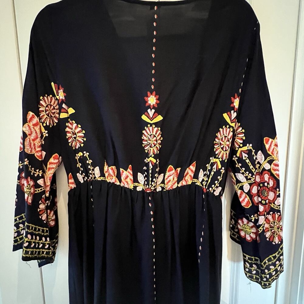 💞 Women’s XL Navy Blue Floral Boho Maxi Dress V Neck 3/4 Sleeve Folk Print - Picture 5 of 6